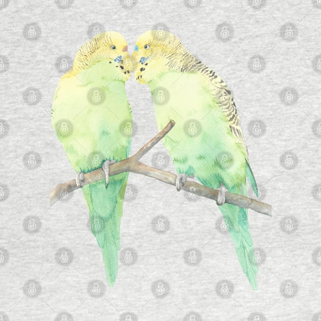 Budgies couple kiss watercolor portrait v2 by Oranjade0122